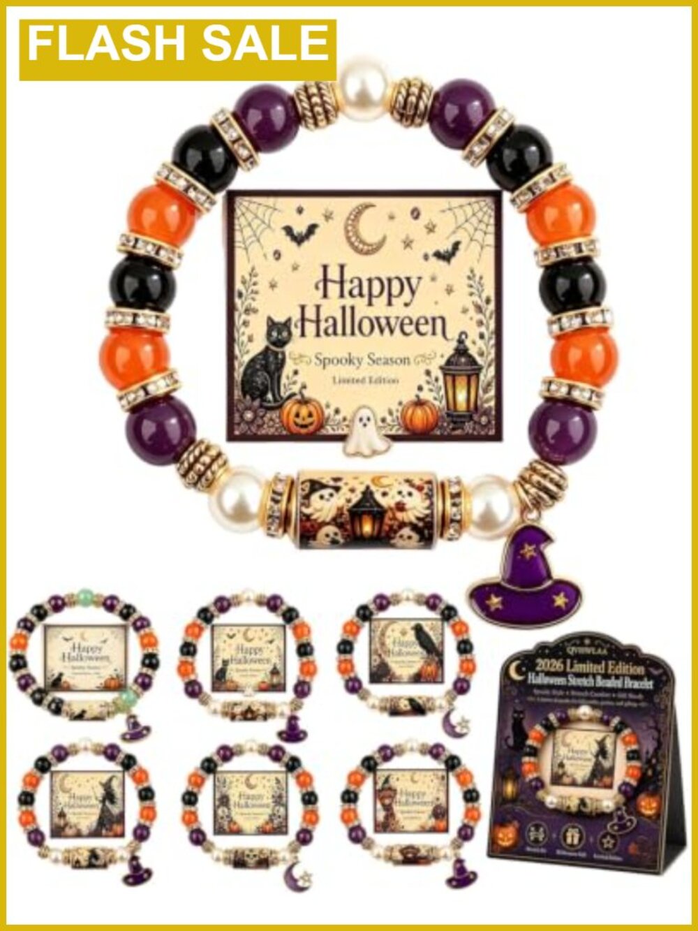 Halloween Black Cat Pumpkin Stretch Beaded Bracelet Set Gift 6 Piece